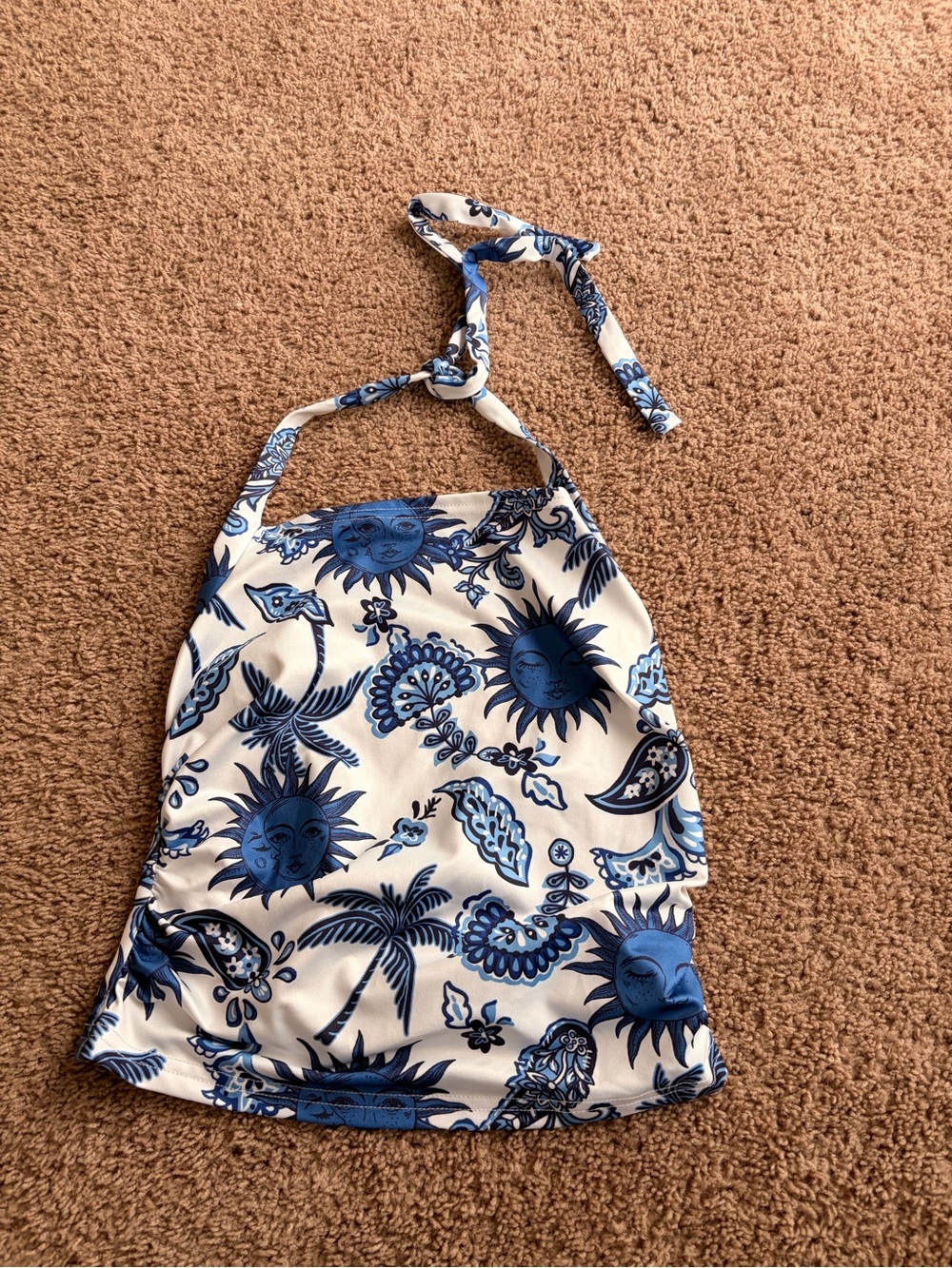SHEIN White Halter Tank Top with Blue Sun & Tropical Print